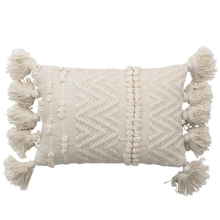 pillow cushion white  woven with tassels bohemian beautiful decoration padi valge tuttidega dekoratiivne kena