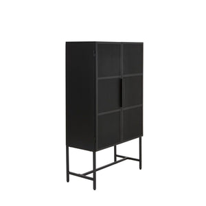 Black metal cabinet with an industrial look. Behind the two doors are three shelves where you can conveniently place dishes or vases in front of your eyes. The sides and doors are slightly translucent and the metal legs are thin, as if the cabinet stood lightly in the air. 